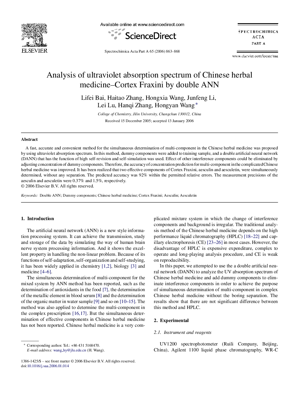 Analysis of ultraviolet absorption spectrum of Chinese herbal medicine–Cortex Fraxini by double ANN