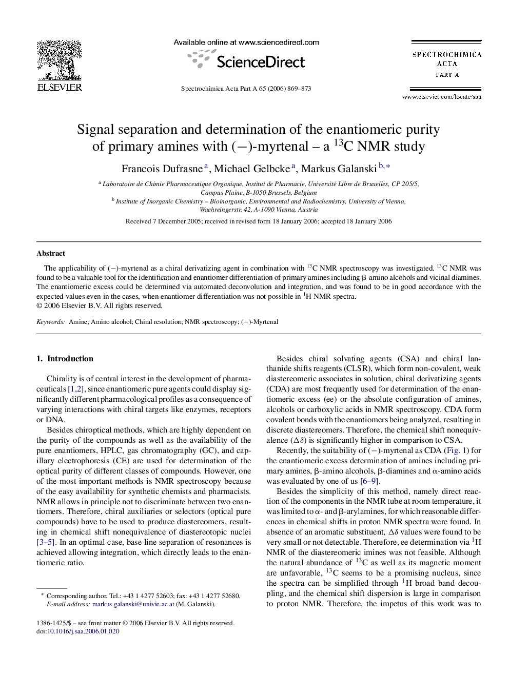 Signal separation and determination of the enantiomeric purity of primary amines with (−)-myrtenal – a 13C NMR study