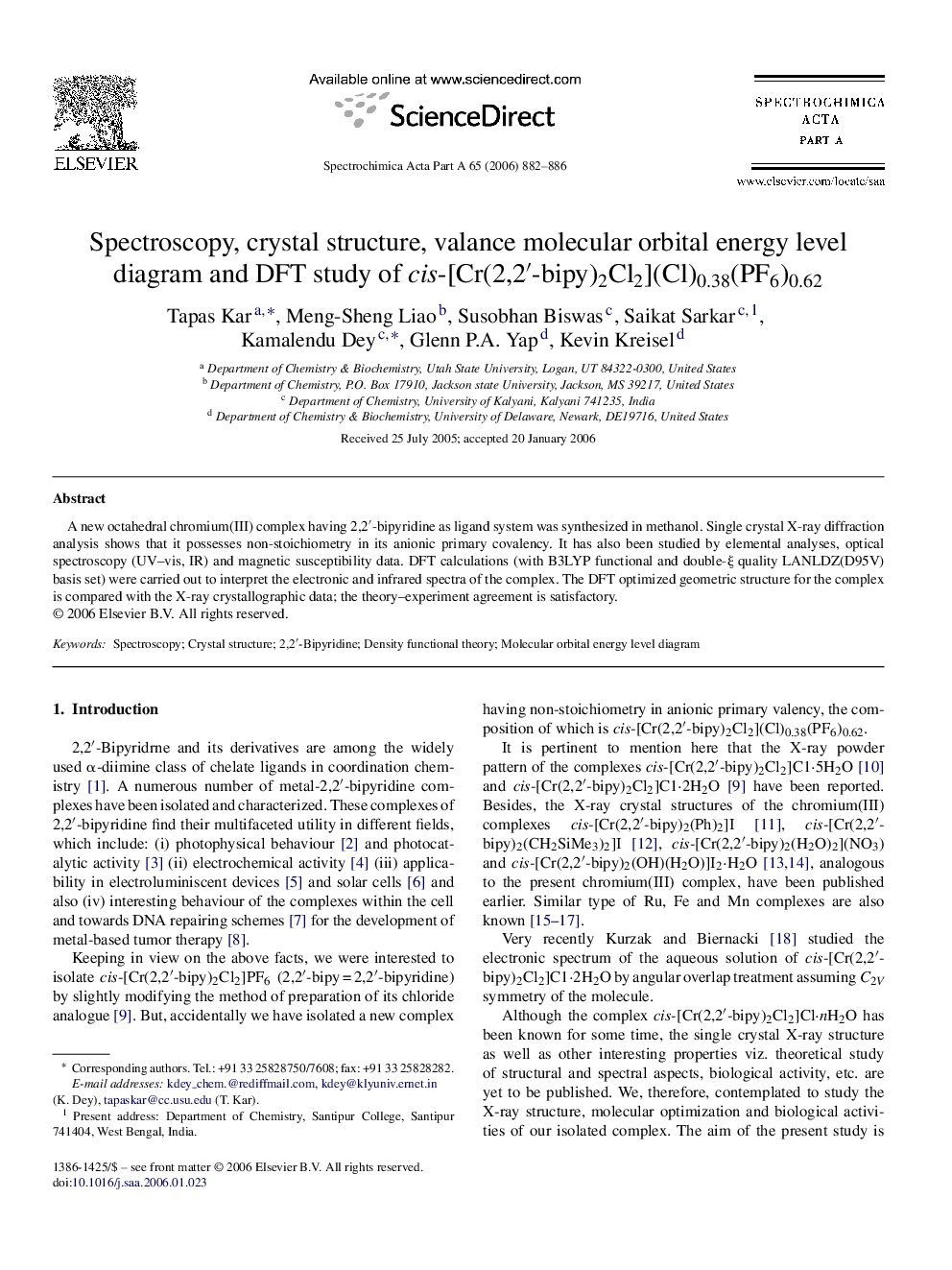Spectroscopy, crystal structure, valance molecular orbital energy level diagram and DFT study of cis-[Cr(2,2â²-bipy)2Cl2](Cl)0.38(PF6)0.62