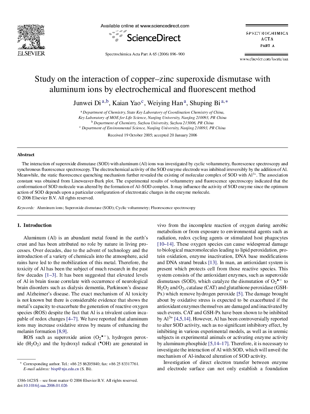 Study on the interaction of copper–zinc superoxide dismutase with aluminum ions by electrochemical and fluorescent method