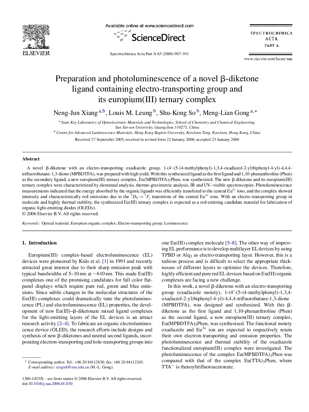 Preparation and photoluminescence of a novel β-diketone ligand containing electro-transporting group and its europium(III) ternary complex