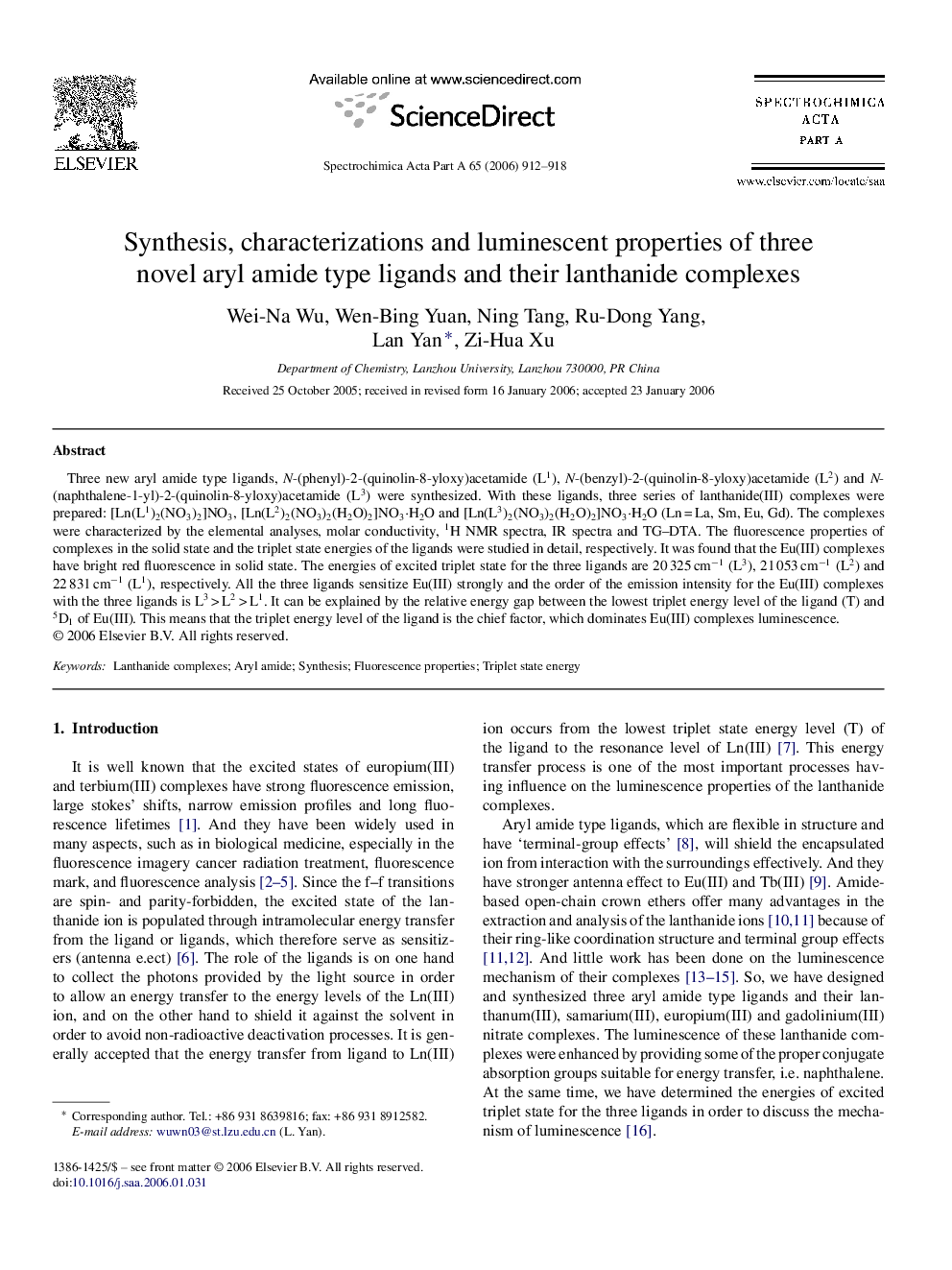 Synthesis, characterizations and luminescent properties of three novel aryl amide type ligands and their lanthanide complexes