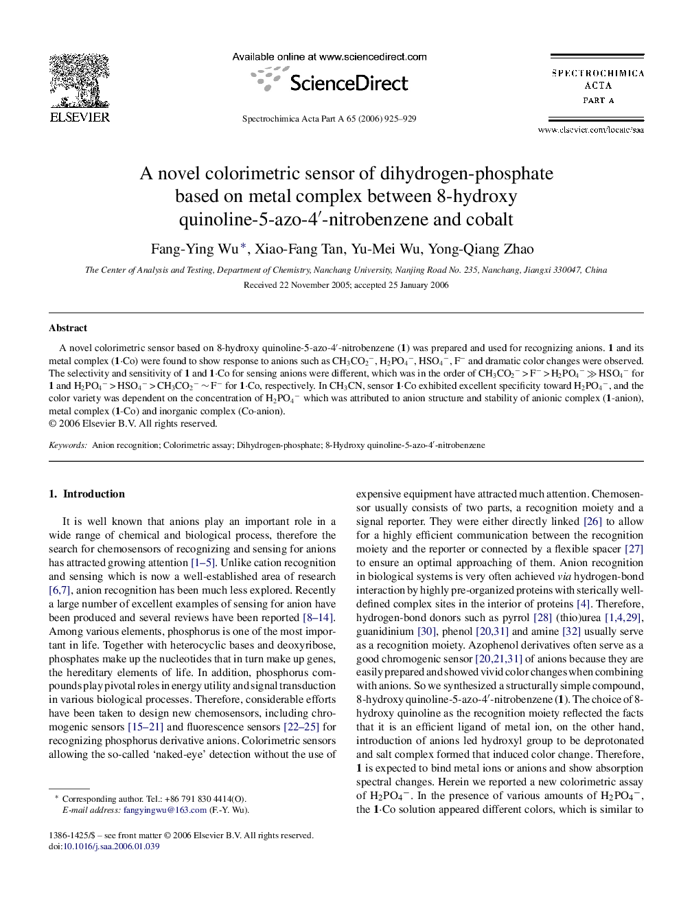 A novel colorimetric sensor of dihydrogen-phosphate based on metal complex between 8-hydroxy quinoline-5-azo-4′-nitrobenzene and cobalt