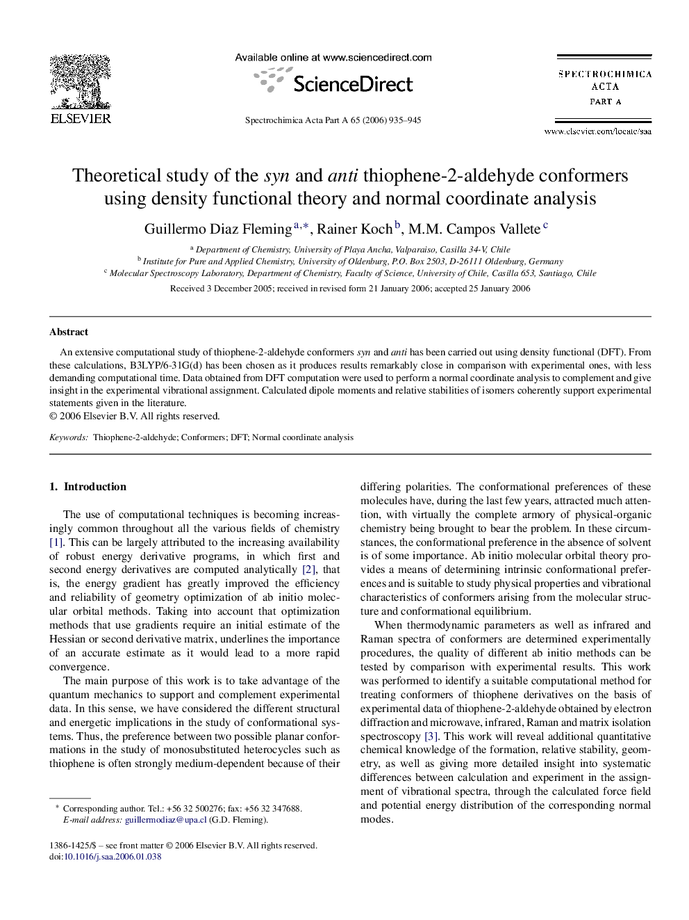 Theoretical study of the syn and anti thiophene-2-aldehyde conformers using density functional theory and normal coordinate analysis