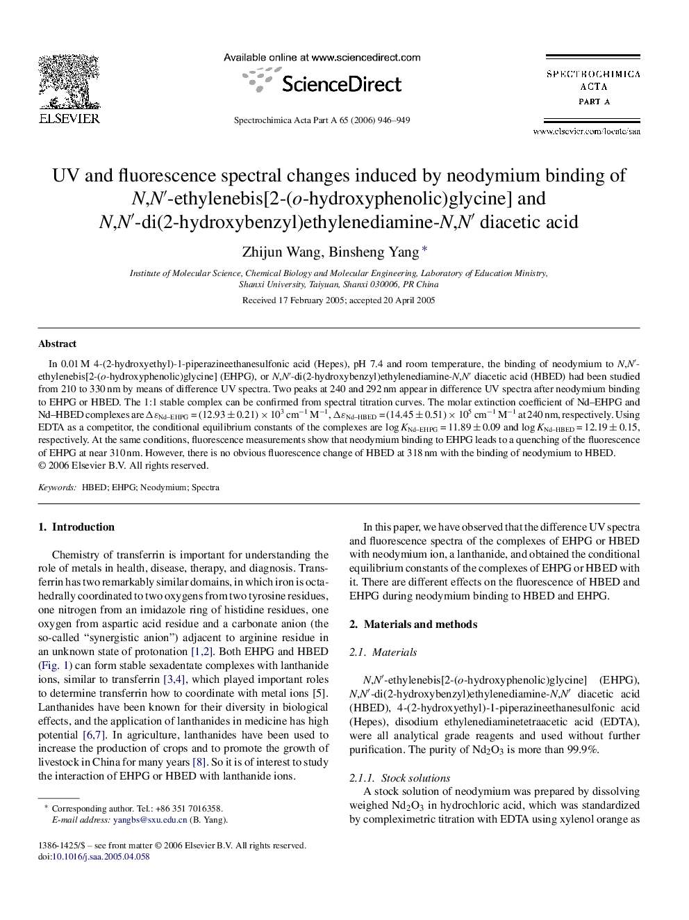UV and fluorescence spectral changes induced by neodymium binding of N,N′-ethylenebis[2-(o-hydroxyphenolic)glycine] and N,N′-di(2-hydroxybenzyl)ethylenediamine-N,N′ diacetic acid