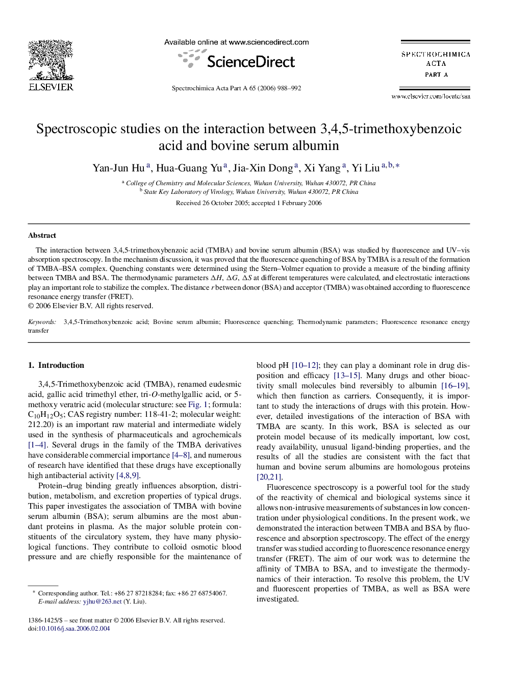 Spectroscopic studies on the interaction between 3,4,5-trimethoxybenzoic acid and bovine serum albumin