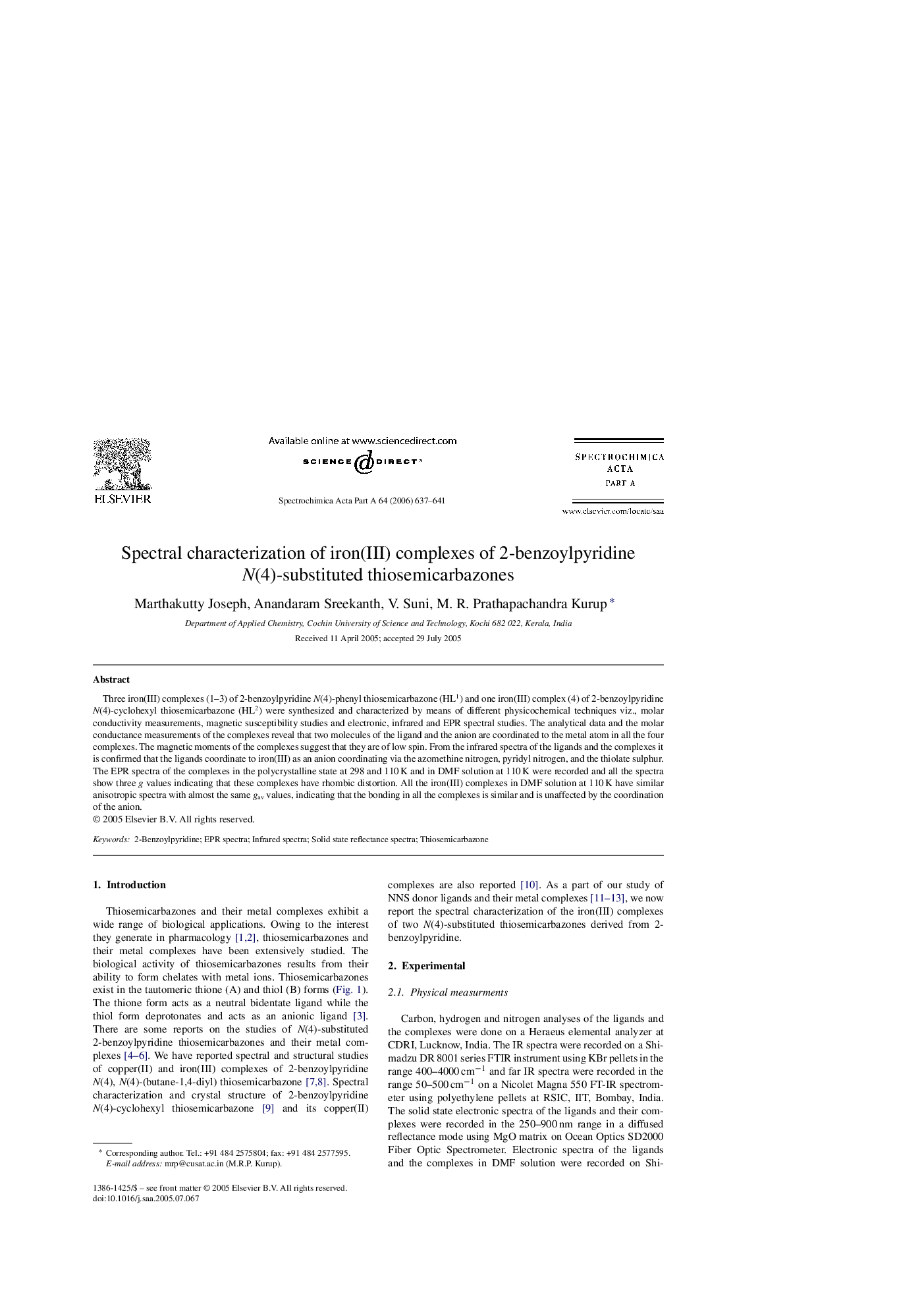 Spectral characterization of iron(III) complexes of 2-benzoylpyridine N(4)-substituted thiosemicarbazones