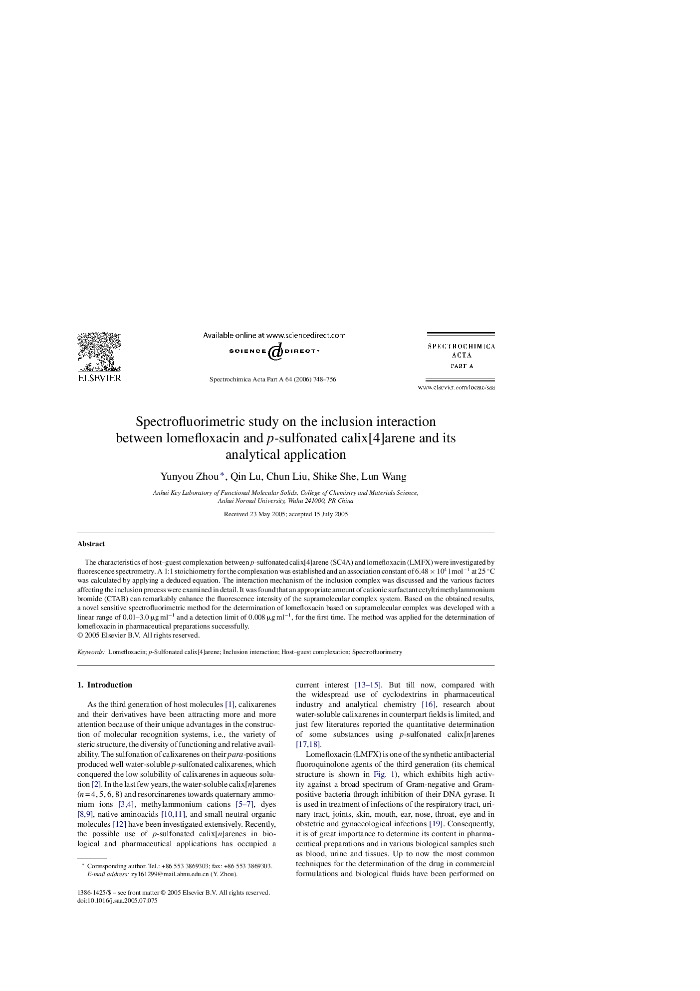 Spectrofluorimetric study on the inclusion interaction between lomefloxacin and p-sulfonated calix[4]arene and its analytical application