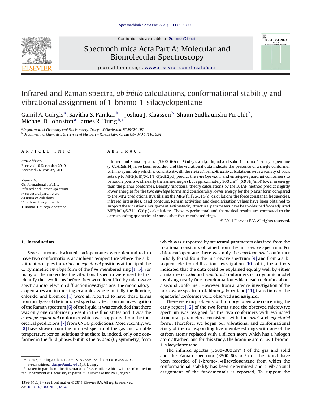 Infrared and Raman spectra, ab initio calculations, conformational stability and vibrational assignment of 1-bromo-1-silacyclopentane