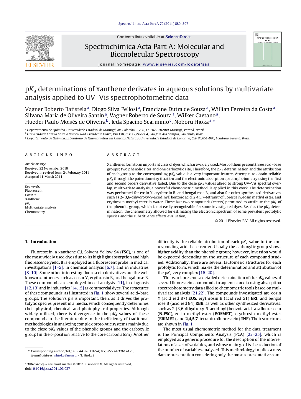 pKa determinations of xanthene derivates in aqueous solutions by multivariate analysis applied to UV–Vis spectrophotometric data