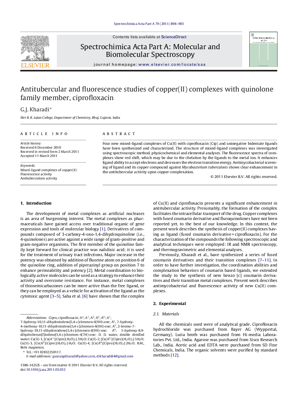 Antitubercular and fluorescence studies of copper(II) complexes with quinolone family member, ciprofloxacin