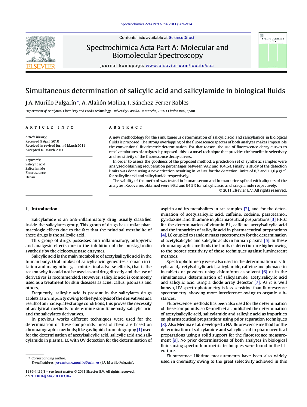 Simultaneous determination of salicylic acid and salicylamide in biological fluids