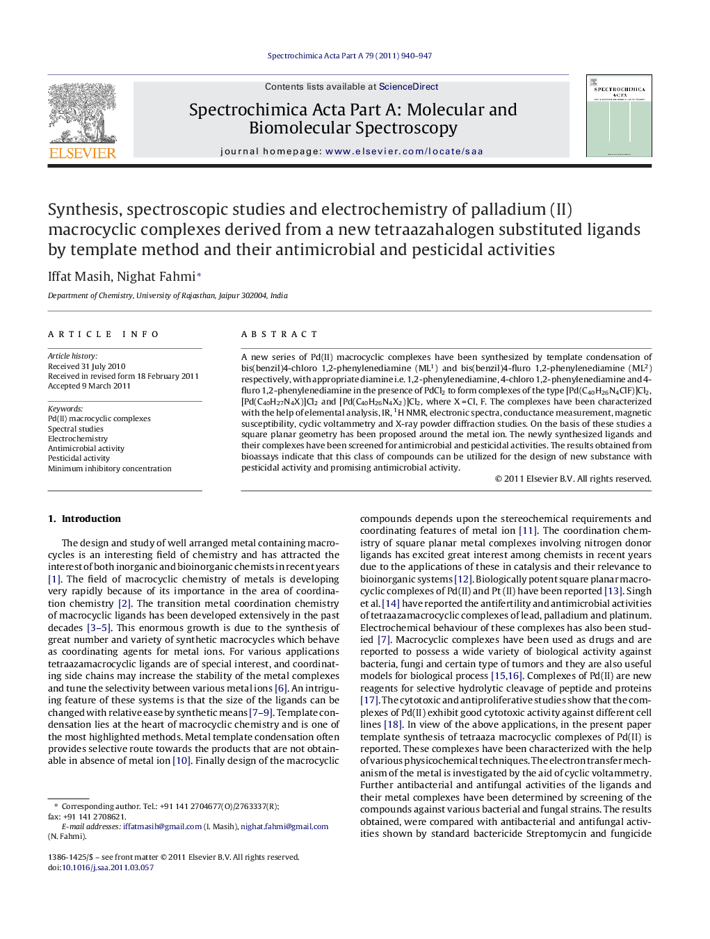 Synthesis, spectroscopic studies and electrochemistry of palladium (II) macrocyclic complexes derived from a new tetraazahalogen substituted ligands by template method and their antimicrobial and pesticidal activities