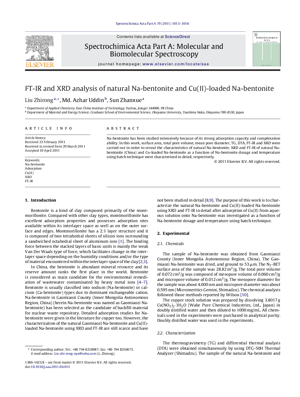 FT-IR and XRD analysis of natural Na-bentonite and Cu(II)-loaded Na-bentonite
