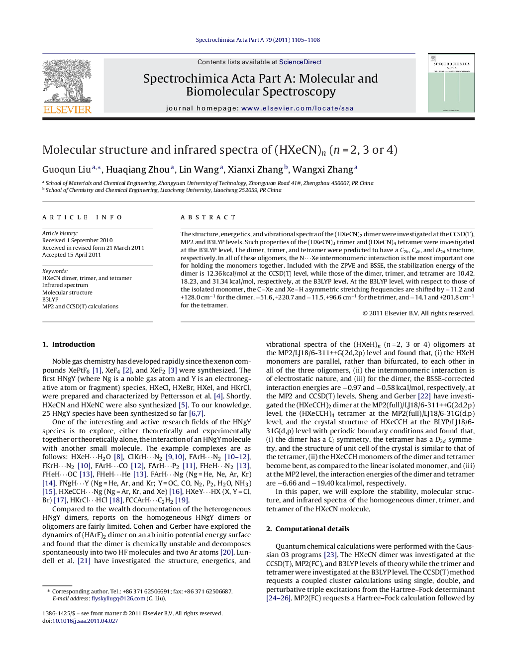 Molecular structure and infrared spectra of (HXeCN)n (nÂ =Â 2, 3 or 4)