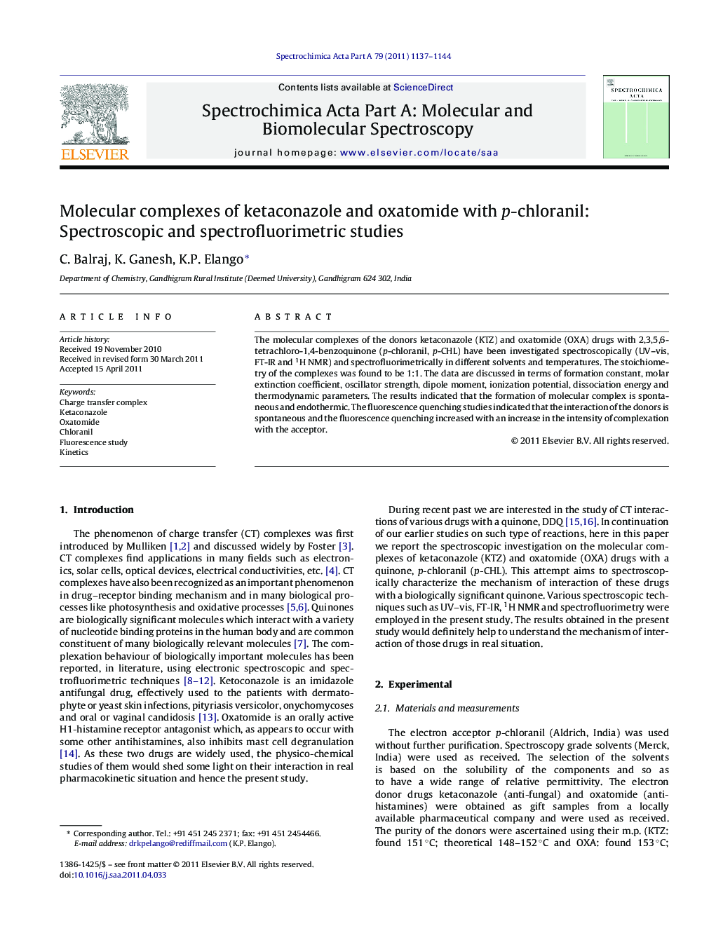 Molecular complexes of ketaconazole and oxatomide with p-chloranil: Spectroscopic and spectrofluorimetric studies