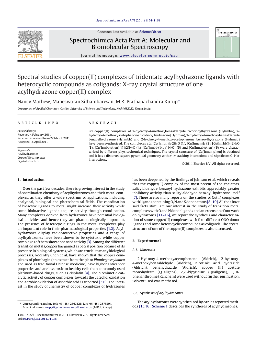 Spectral studies of copper(II) complexes of tridentate acylhydrazone ligands with heterocyclic compounds as coligands: X-ray crystal structure of one acylhydrazone copper(II) complex