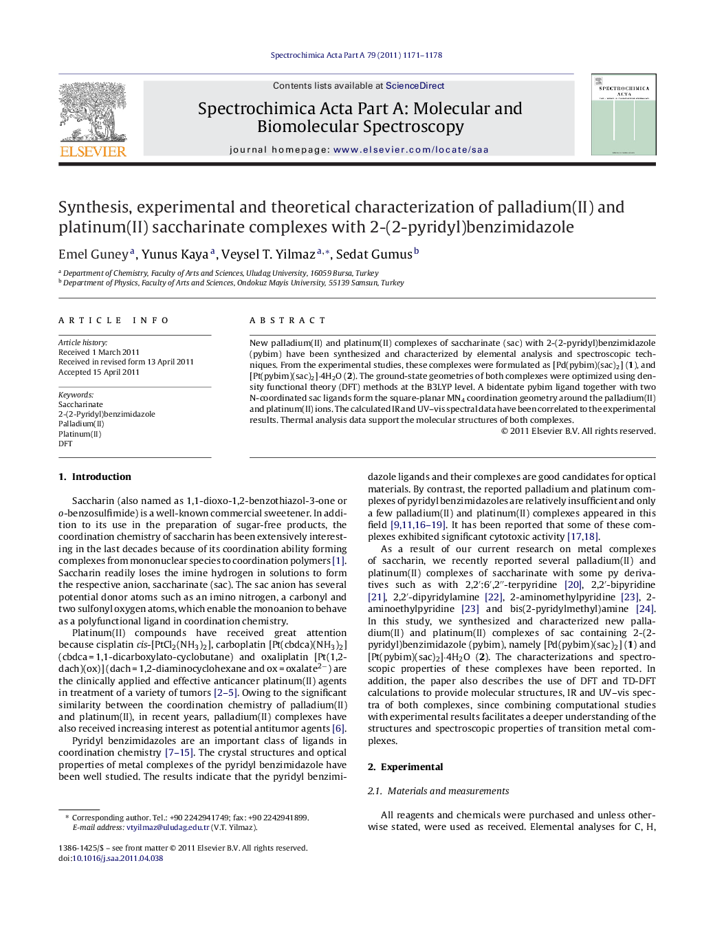 Synthesis, experimental and theoretical characterization of palladium(II) and platinum(II) saccharinate complexes with 2-(2-pyridyl)benzimidazole