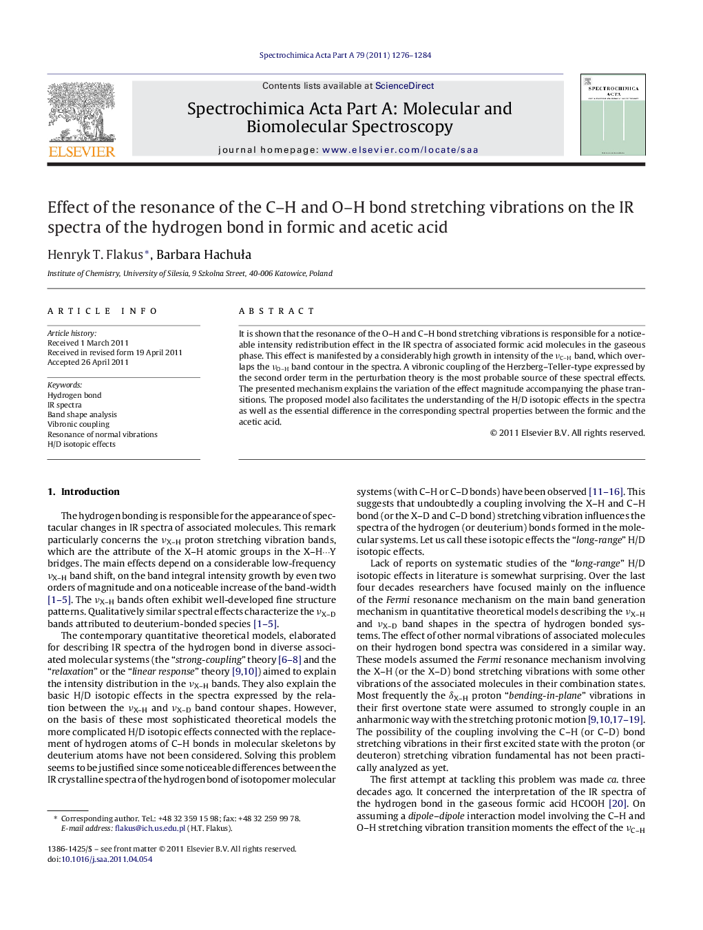 Effect of the resonance of the C–H and O–H bond stretching vibrations on the IR spectra of the hydrogen bond in formic and acetic acid