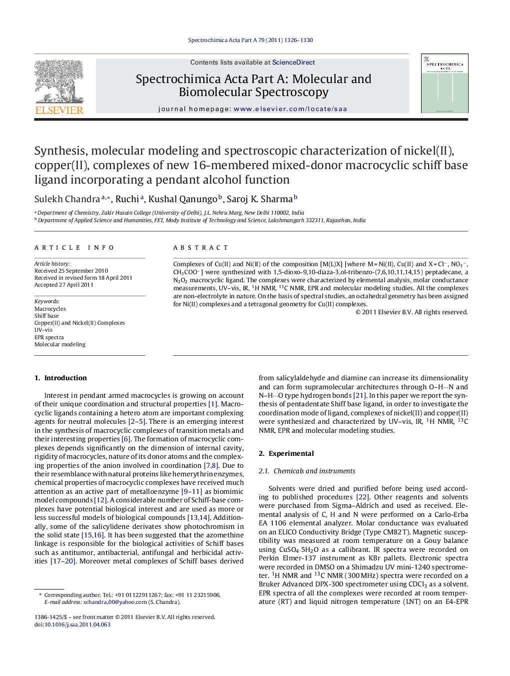 Synthesis, molecular modeling and spectroscopic characterization of nickel(II), copper(II), complexes of new 16-membered mixed-donor macrocyclic schiff base ligand incorporating a pendant alcohol function