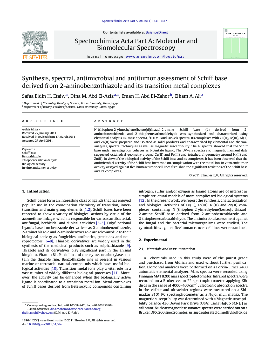 Synthesis, spectral, antimicrobial and antitumor assessment of Schiff base derived from 2-aminobenzothiazole and its transition metal complexes