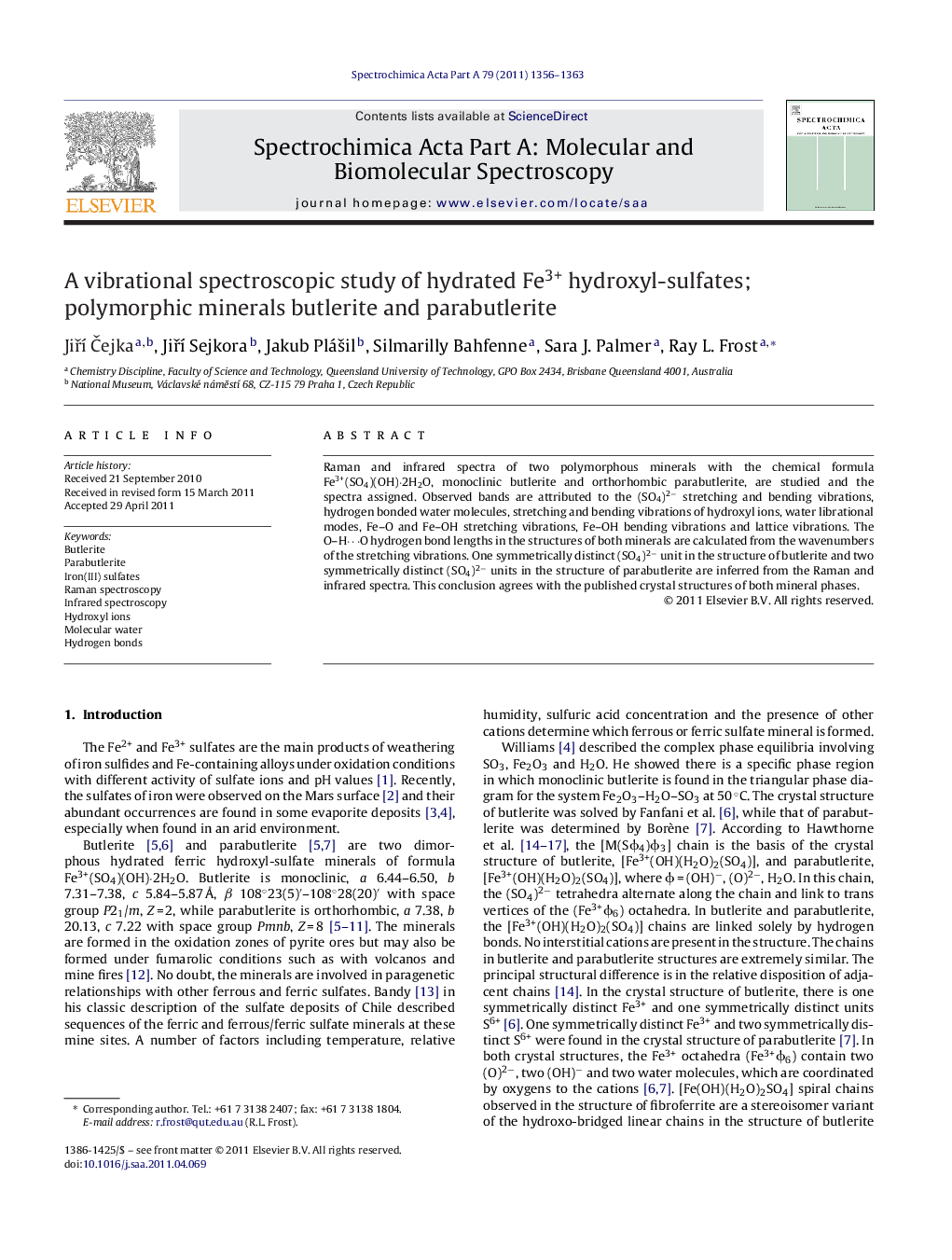 A vibrational spectroscopic study of hydrated Fe3+ hydroxyl-sulfates; polymorphic minerals butlerite and parabutlerite