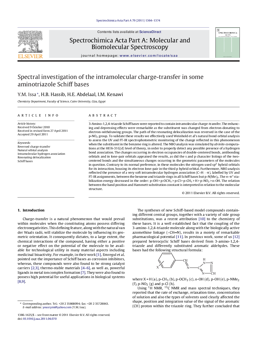 Spectral investigation of the intramolecular charge-transfer in some aminotriazole Schiff bases