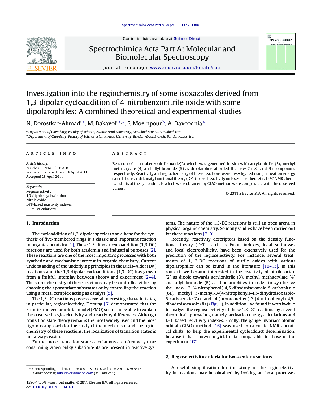 Investigation into the regiochemistry of some isoxazoles derived from 1,3-dipolar cycloaddition of 4-nitrobenzonitrile oxide with some dipolarophiles: A combined theoretical and experimental studies