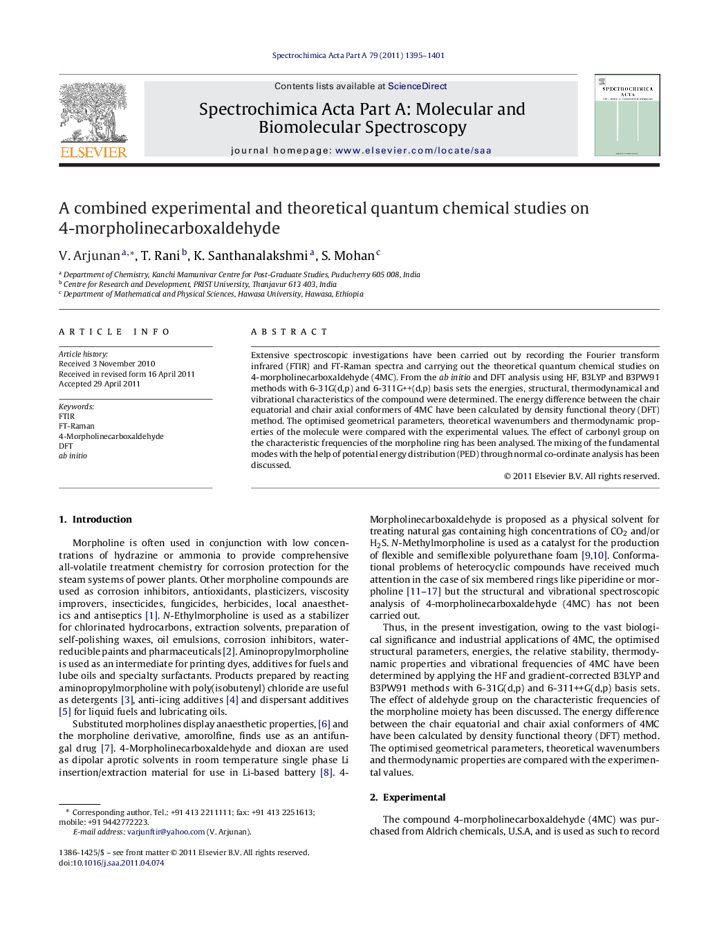 A combined experimental and theoretical quantum chemical studies on 4-morpholinecarboxaldehyde