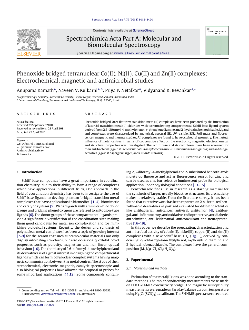 Phenoxide bridged tetranuclear Co(II), Ni(II), Cu(II) and Zn(II) complexes: Electrochemical, magnetic and antimicrobial studies