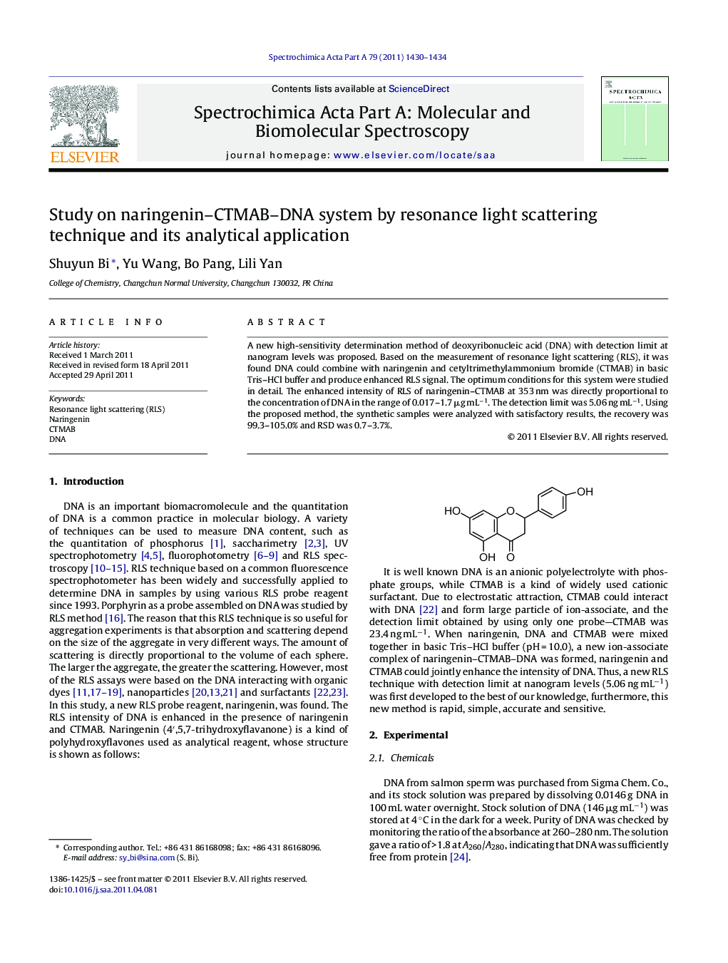 Study on naringenin-CTMAB-DNA system by resonance light scattering technique and its analytical application