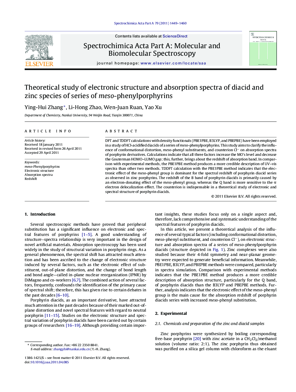 Theoretical study of electronic structure and absorption spectra of diacid and zinc species of series of meso-phenylporphyrins