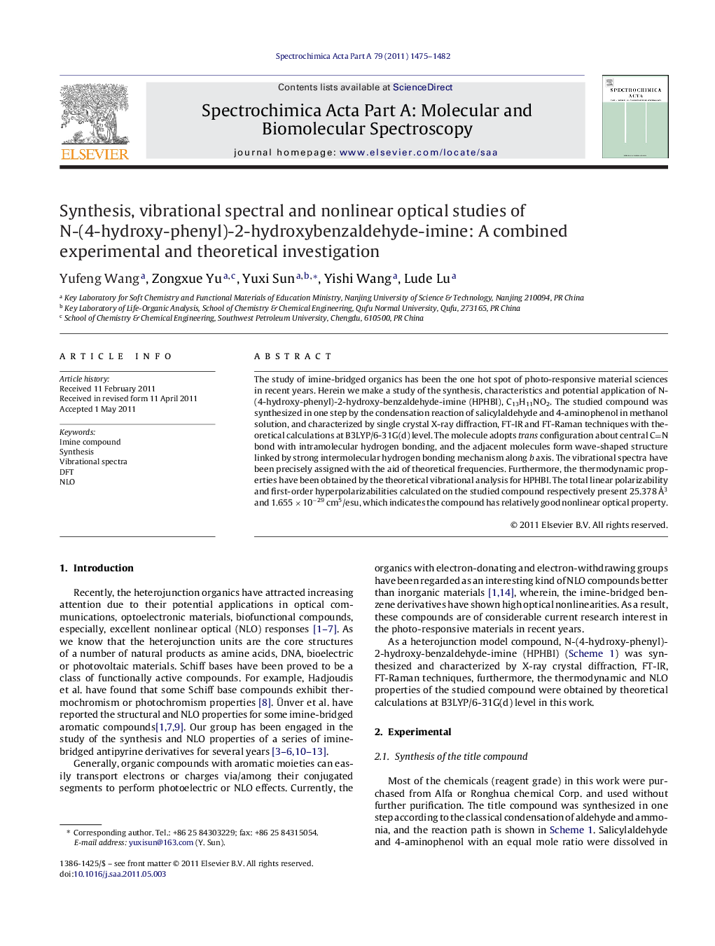 Synthesis, vibrational spectral and nonlinear optical studies of N-(4-hydroxy-phenyl)-2-hydroxybenzaldehyde-imine: A combined experimental and theoretical investigation