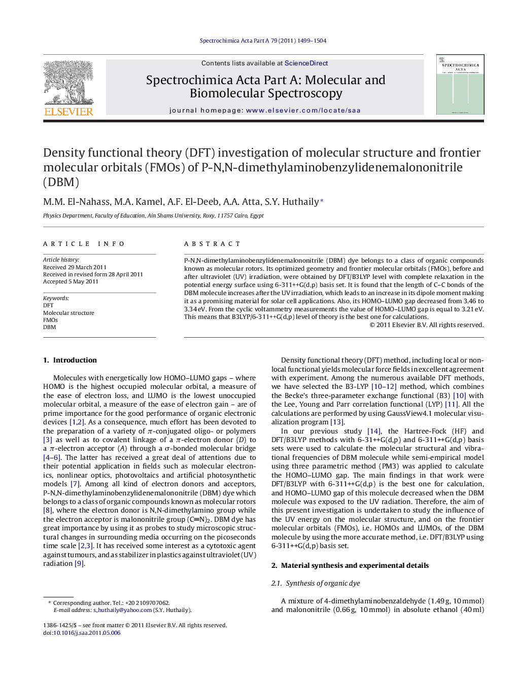 Density functional theory (DFT) investigation of molecular structure and frontier molecular orbitals (FMOs) of P-N,N-dimethylaminobenzylidenemalononitrile (DBM)