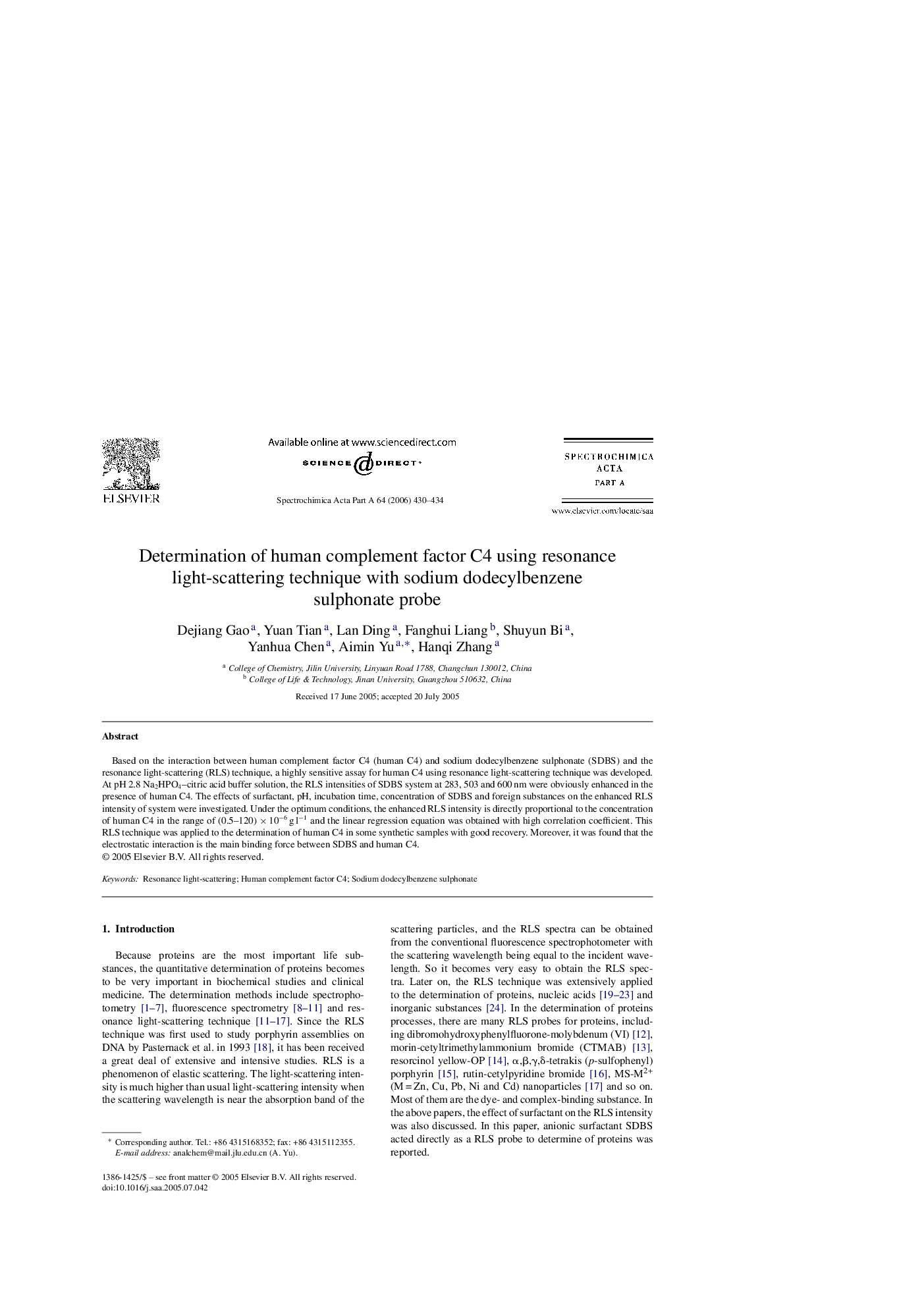 Determination of human complement factor C4 using resonance light-scattering technique with sodium dodecylbenzene sulphonate probe