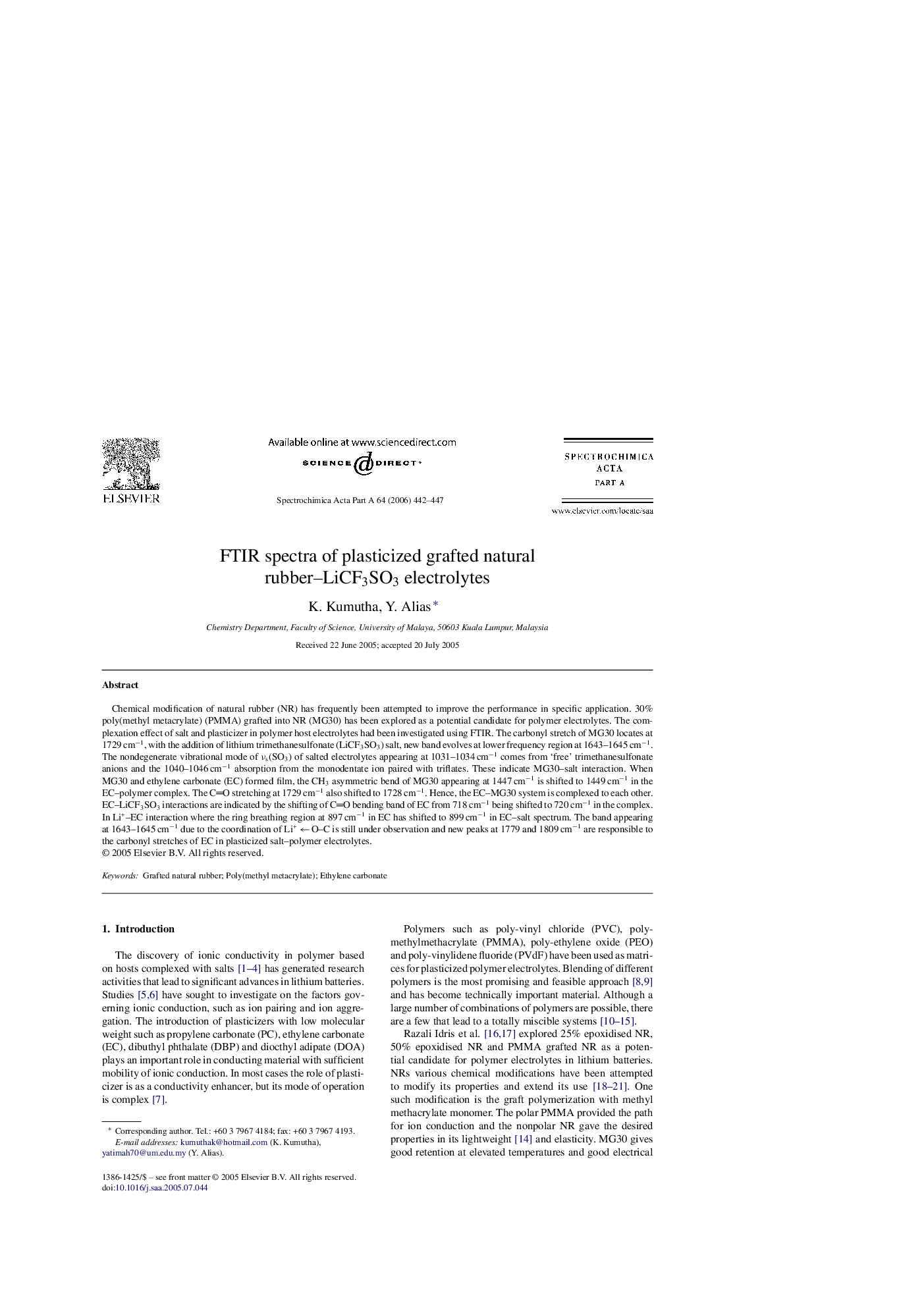 FTIR spectra of plasticized grafted natural rubber–LiCF3SO3 electrolytes