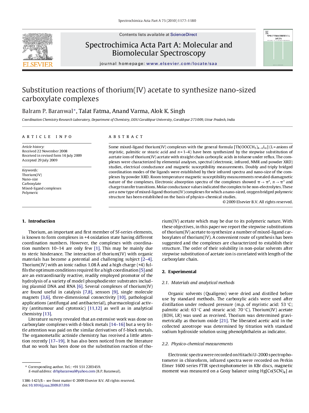 Substitution reactions of thorium(IV) acetate to synthesize nano-sized carboxylate complexes