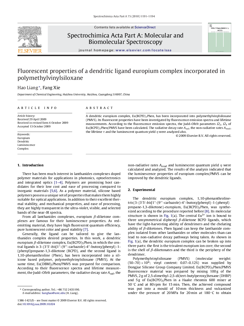 Fluorescent properties of a dendritic ligand europium complex incorporated in polymethylvinylsiloxane