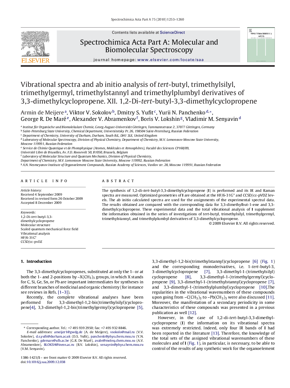 Vibrational spectra and ab initio analysis of tert-butyl, trimethylsilyl, trimethylgermyl, trimethylstannyl and trimethylplumbyl derivatives of 3,3-dimethylcyclopropene. XII. 1,2-Di-tert-butyl-3,3-dimethylcyclopropene
