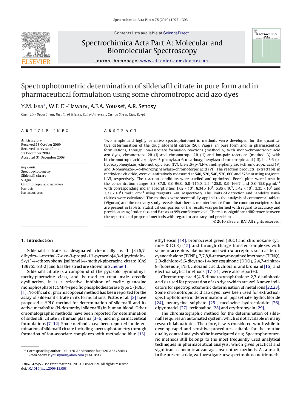 Spectrophotometric determination of sildenafil citrate in pure form and in pharmaceutical formulation using some chromotropic acid azo dyes