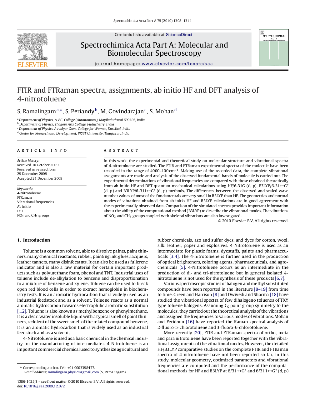 FTIR and FTRaman spectra, assignments, ab initio HF and DFT analysis of 4-nitrotoluene