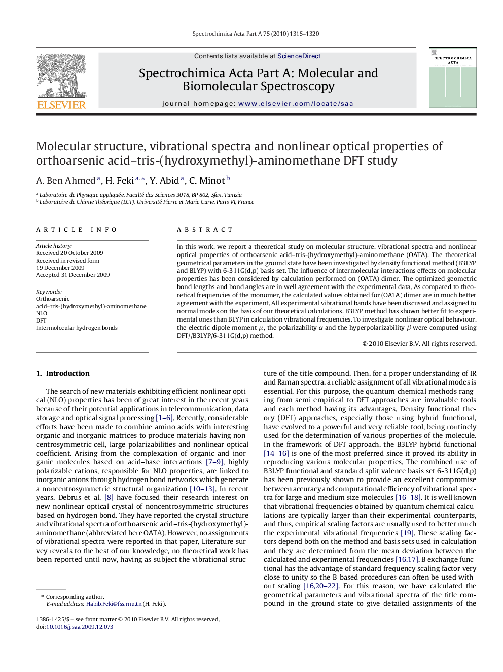 Molecular structure, vibrational spectra and nonlinear optical properties of orthoarsenic acid–tris-(hydroxymethyl)-aminomethane DFT study