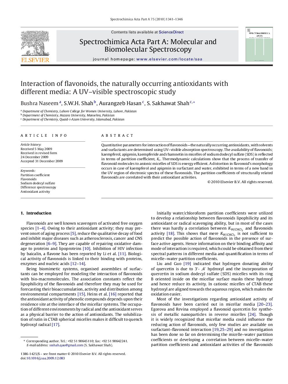 Interaction of flavonoids, the naturally occurring antioxidants with different media: A UV–visible spectroscopic study