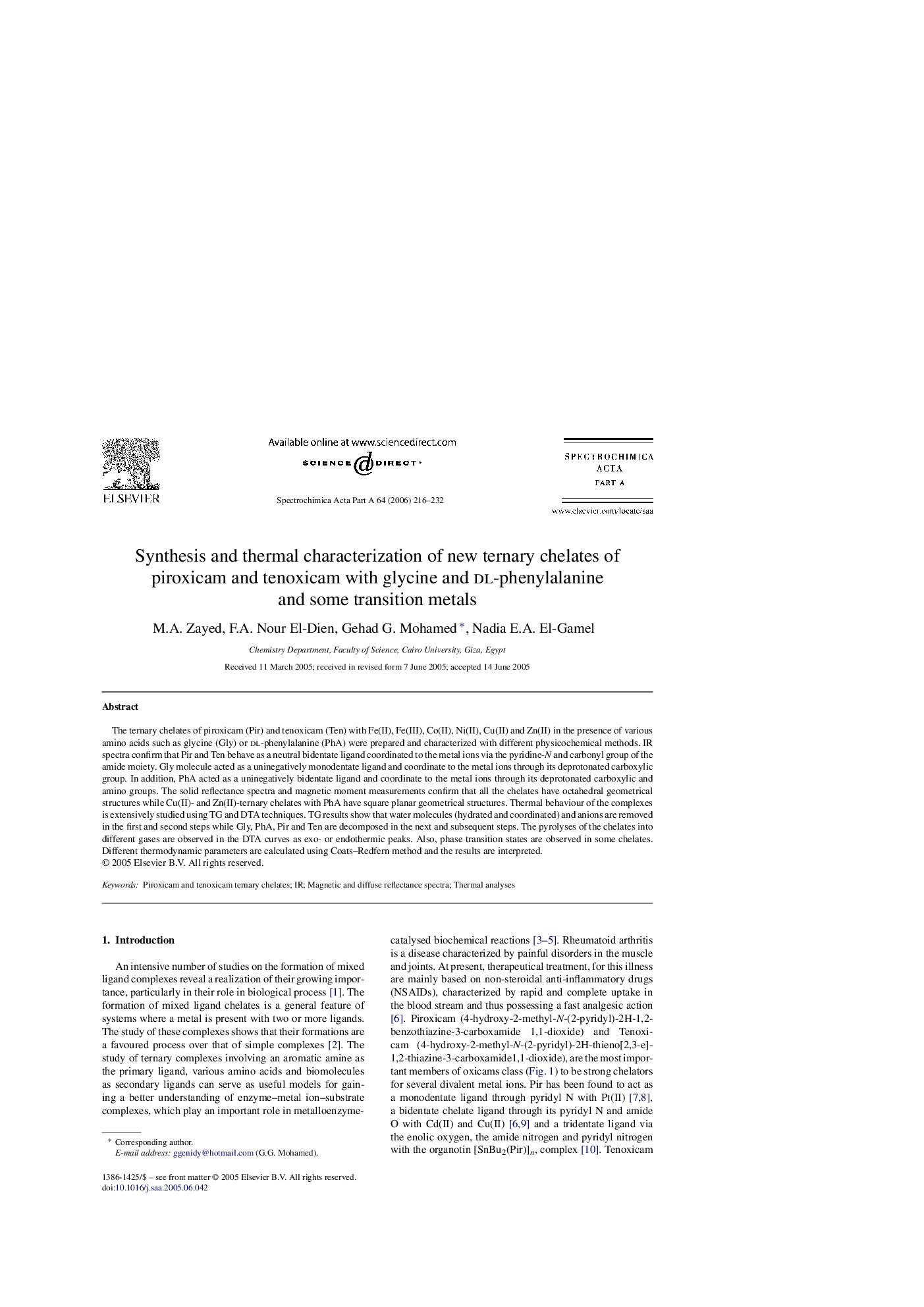 Synthesis and thermal characterization of new ternary chelates of piroxicam and tenoxicam with glycine and dl-phenylalanine and some transition metals