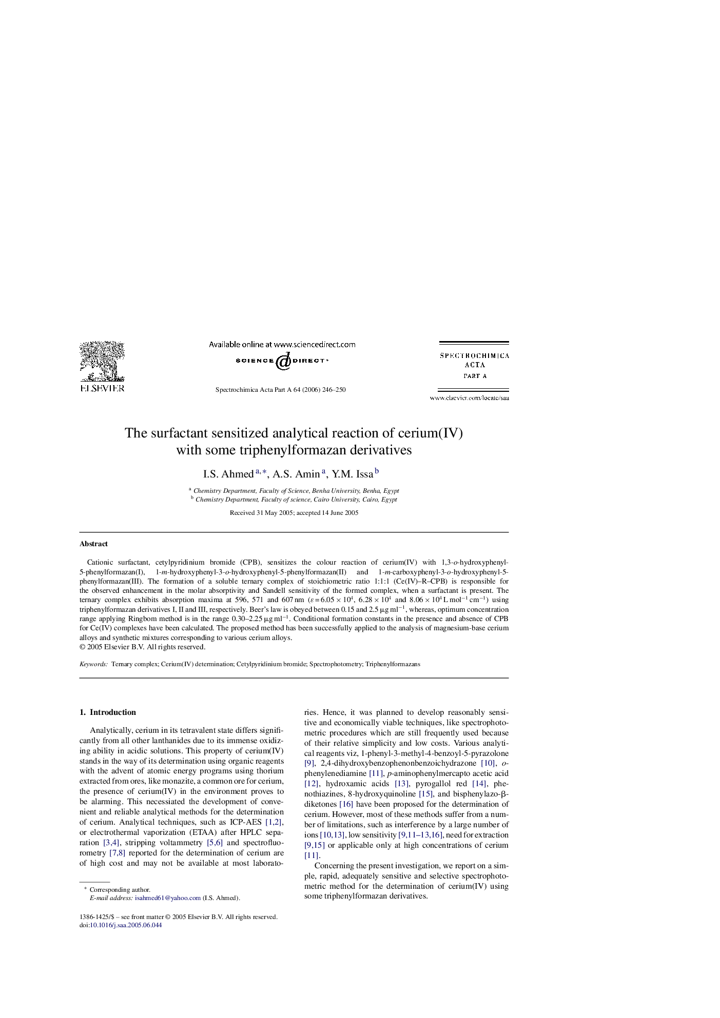 The surfactant sensitized analytical reaction of cerium(IV) with some triphenylformazan derivatives