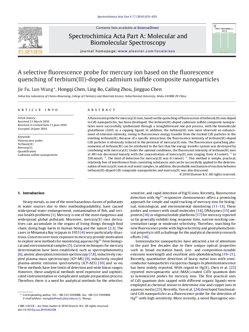 A selective fluorescence probe for mercury ion based on the fluorescence quenching of terbium(III)-doped cadmium sulfide composite nanoparticles