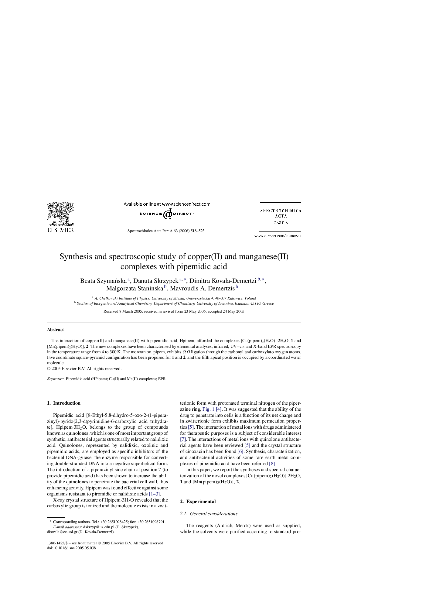 Synthesis and spectroscopic study of copper(II) and manganese(II) complexes with pipemidic acid