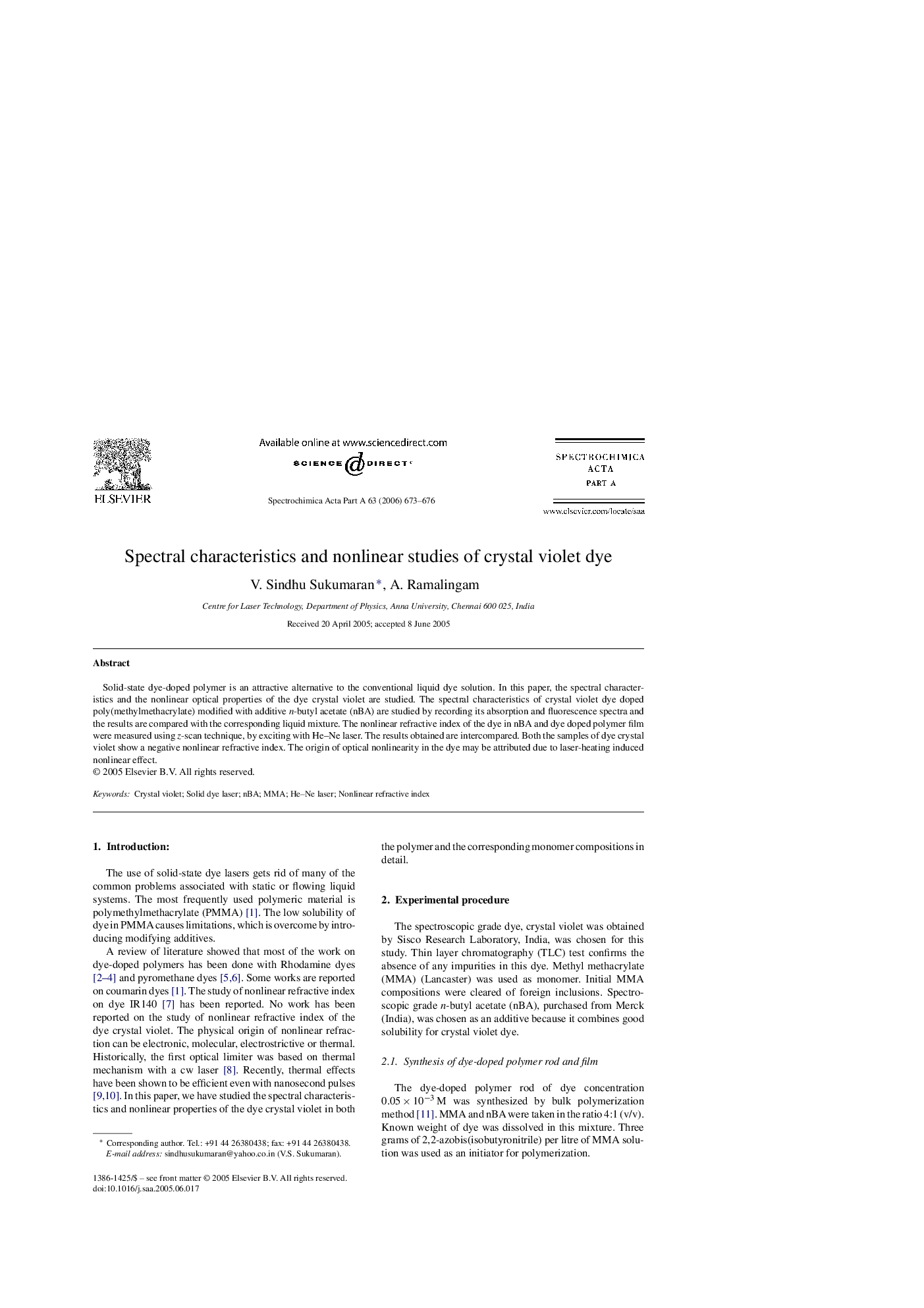 Spectral characteristics and nonlinear studies of crystal violet dye