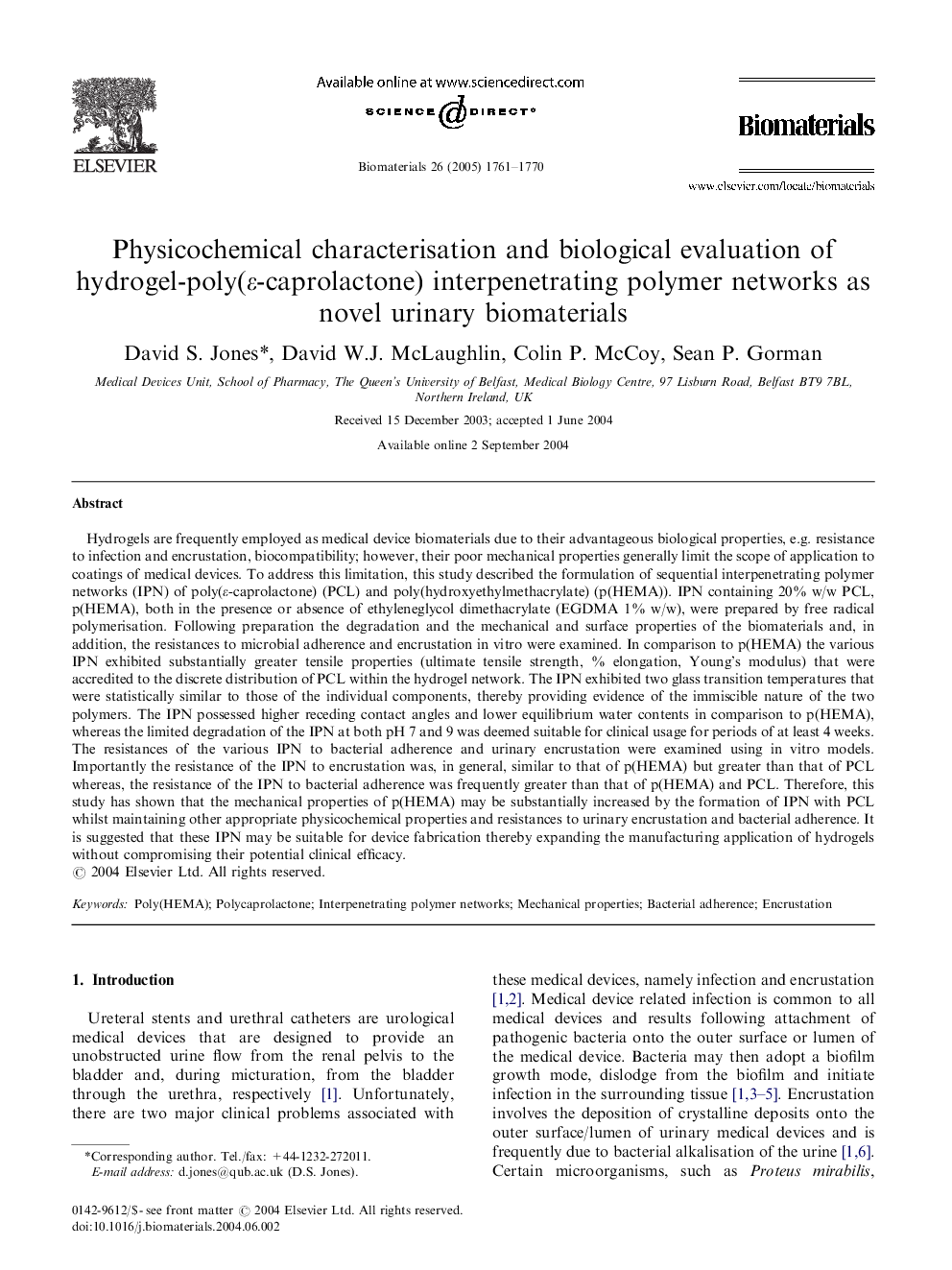 Physicochemical characterisation and biological evaluation of hydrogel-poly(ε-caprolactone) interpenetrating polymer networks as novel urinary biomaterials