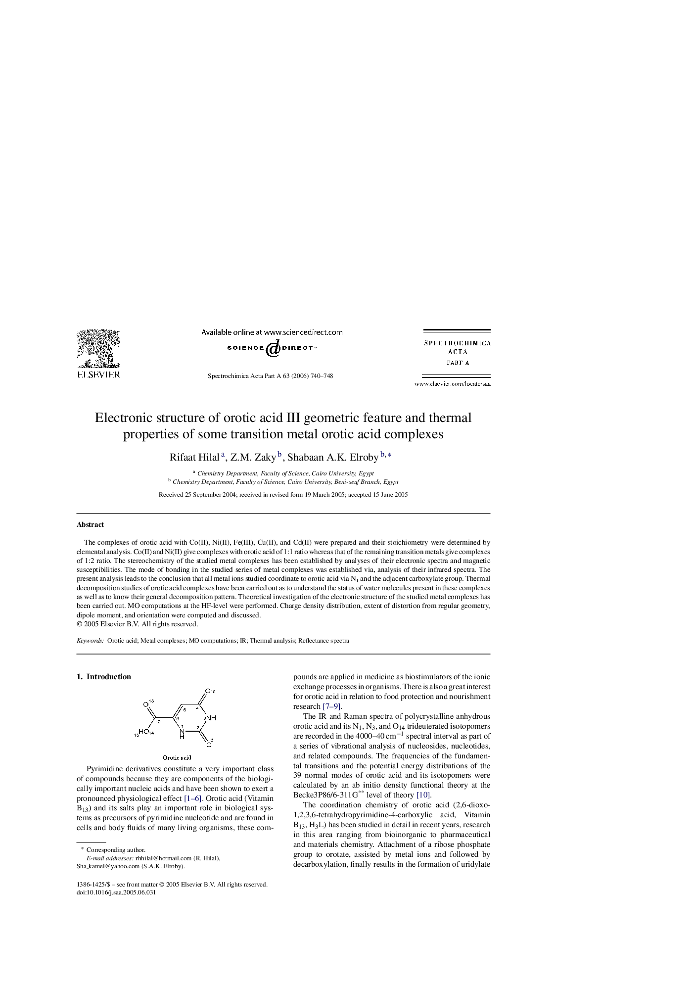 Electronic structure of orotic acid III geometric feature and thermal properties of some transition metal orotic acid complexes